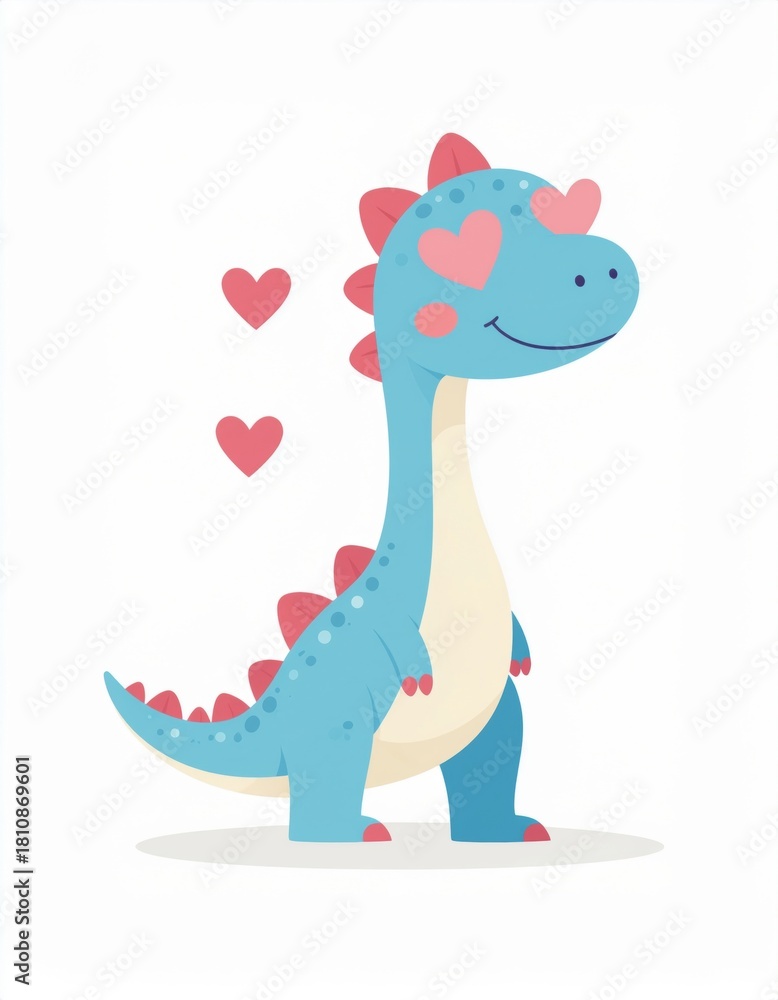 Obraz premium A cute cartoon dinosaur with hearts, showcasing a joyful expression and vibrant colors, appealing to children and lovers of playful illustrations.