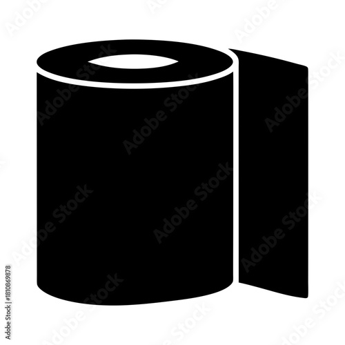 Minimalist icon depicting a solid black roll of toilet paper for design
