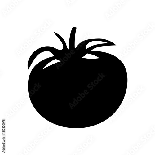 A bold silhouette of a ripe, juicy tomato on a white background