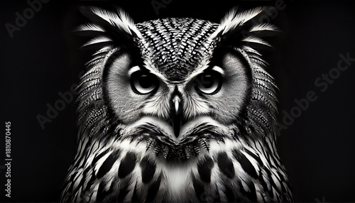 A dramatic black and white portrait of an owl, centered, with a dark black background
