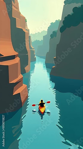 Minimal flat illustration of a person kayaking through a narrow river gorge, layered cliffs similar to the paragliding style, top-down sunlight, smooth water reflections, bold contrast, limited colors