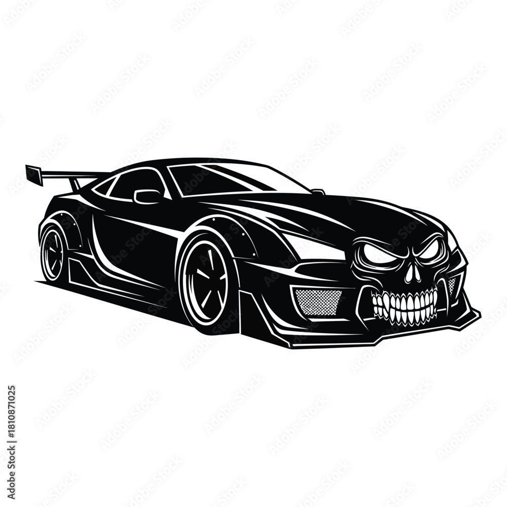 Naklejka premium Dynamic muscle car with aggressive skull grill, perfect for posters, apparel, and edgy brand designs that demand attention and bold style, black and white