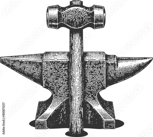 Anvil and hammer silhouette for blacksmithing and metalworking against a dark background