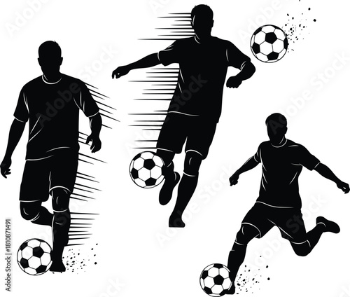 Soccer action silhouettes with motion effects kicking and dribbling ball