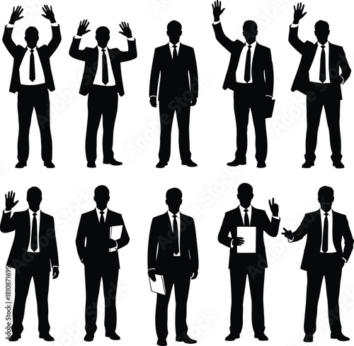Corporate businessman silhouettes with hand gestures and documents