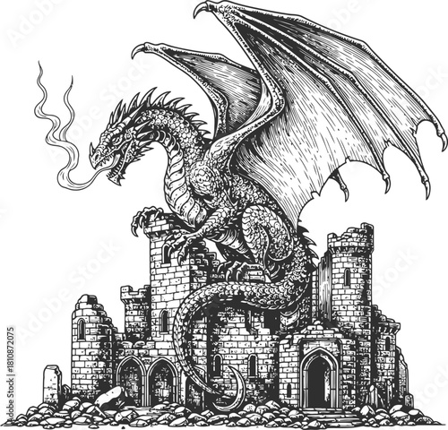 Dark silhouette of a powerful dragon perched atop ancient ruined castle walls breathing smoke