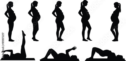 Pregnant woman silhouette, prenatal yoga poses, maternity fitness routine, black vector illustration, pregnancy exercise, motherhood concept, healthy lifestyle, wellness