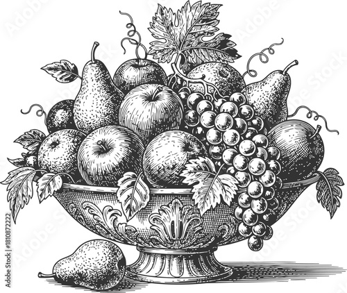 Decorative fruit bowl silhouette overflowing with grapes pears and foliage