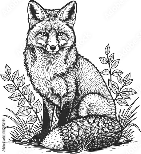 Engraving style wild fox sitting calmly amidst forest foliage on a black background
