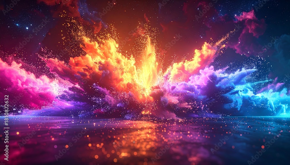 Naklejka premium Explosion of vibrant color, clouds radiating light across a dark plain