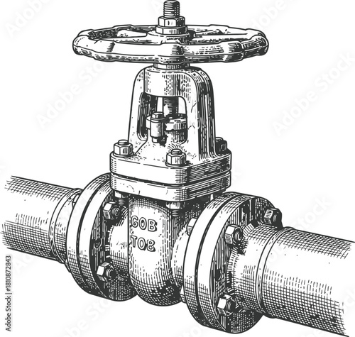 Industrial gate valve on pipe system for plumbing and fluid control isolated on black