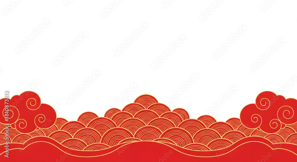 Elegant red and gold chinese new year background with traditional cloud and wave patterns isolated on white background for festive celebrations and cultural designs
