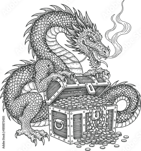 Mythological dragon guarding a treasure chest overflowing with gold coins and smoke