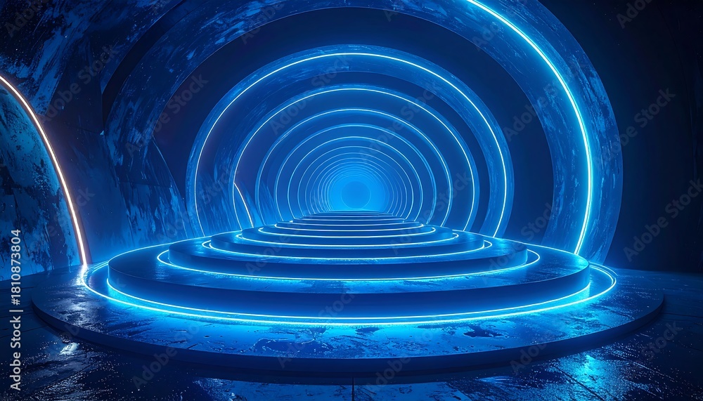 Fototapeta premium Futuristic circular tunnel with illuminated blue neon rings