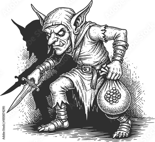 Sinister goblin creature with pointed ears holding a blade and a money bag