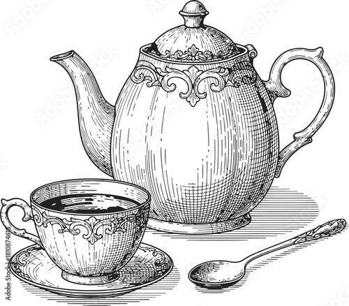Vintage engraving of a classic tea set featuring a teapot, teacup, and spoon.