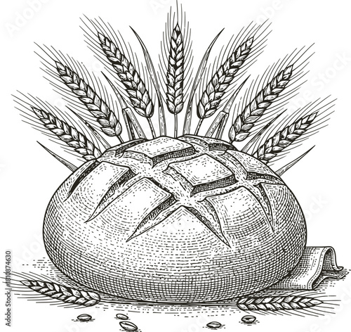 Vintage bread loaf with wheat stalks illustration for bakery and food concepts