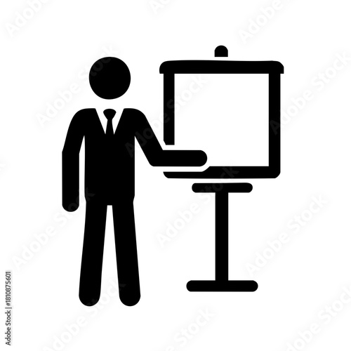 Simple black silhouette icon of person giving presentation with large rectangular board in clean minimal lines on white background  