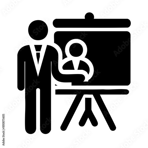 Simple black silhouette icon of person giving presentation with large rectangular board in clean minimal lines  