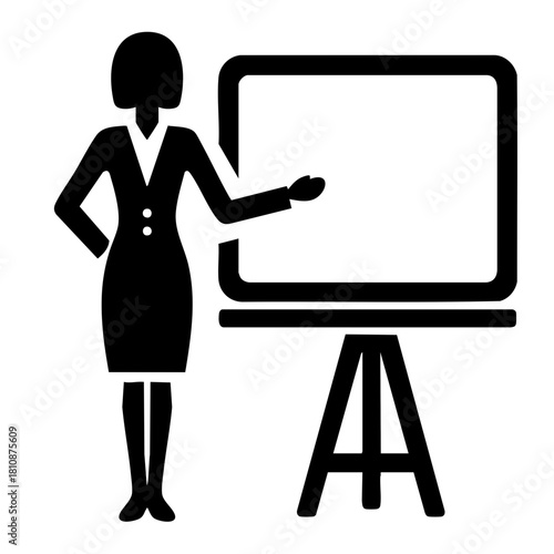 Simple black silhouette icon of person giving presentation with large rectangular board in clean minimal lines on white background with copy space