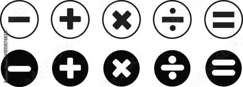 Plus, minus icon set. Calculator, math icon. Plus, minus, multiply, equal and divide sign. EPS 10, isolated on transparent background