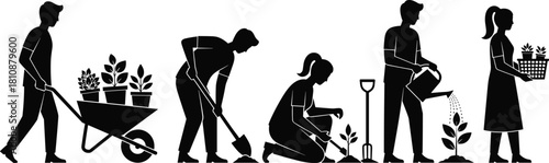 Silhouette set of people gardening, men and women working in garden, planting trees, watering flowers, digging soil with shovel and wheelbarrow, agriculture  