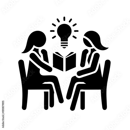Monochrome pictogram of two people discussing idea with one holding book in minimal flat icon style with copy space