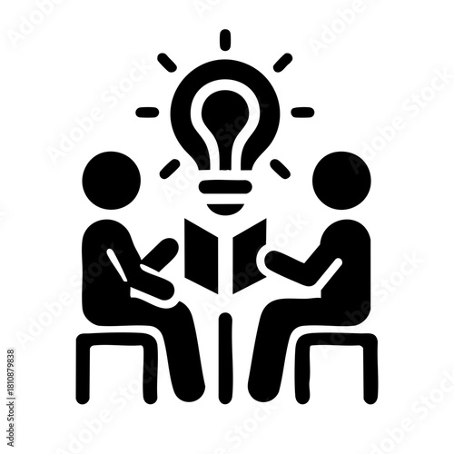 Monochrome pictogram of two people discussing idea with one holding book in minimal flat icon style on soft gray background 