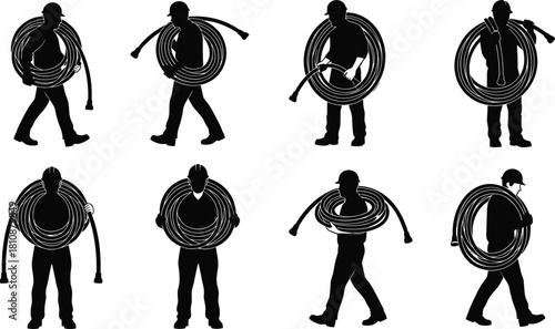 Set of vector silhouettes of construction workers carrying coils of electric cable, men in helmets holding wire rolls on white background, industrial labor, electrician, builder, heavy, work