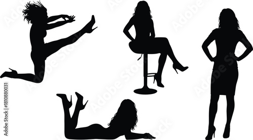 Set of four black vector silhouettes of women in high heels, featuring poses like jumping, sitting on a stool, lying down, and standing confidently isolated on white.