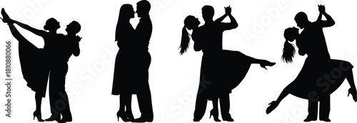 Set of four black silhouettes showing romantic couples dancing ballroom and tango, isolated on white background, flat vector illustration design.