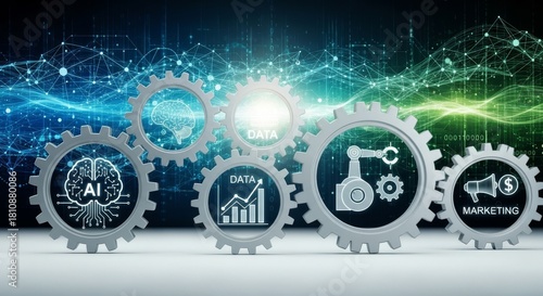 Interconnected technology gears with business analytics icons, performance metrics, and operational symbols on digital surface representing integrated business operations, automated workflows, synchro