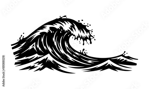 Dynamic stylized ocean wave cresting with powerful water splashes, rendered as a monochrome vector illustration showcasing the raw force of nature and marine energy