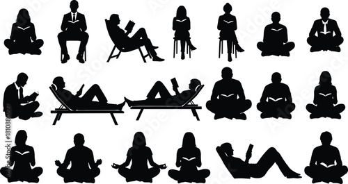Set of black vector silhouettes of people reading books in various poses including sitting cross-legged, lying down, and relaxing on chairs isolated on white background.