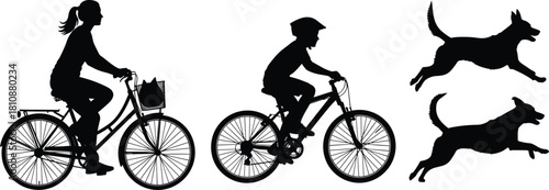 Set of black silhouettes showing active family lifestyle, woman riding bike with basket, boy riding bicycle with helmet, and two happy dogs running fast, isolated on white background, flat vector 