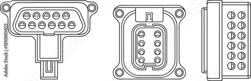 Set of black line art vector illustrations depicting automotive electrical connectors and multi-pin plugs in different angles isolated on white background for technical diagrams.