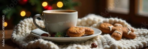 Warm coffee, spruce, gingerbread, cozy blanket , details, comfort, garlands