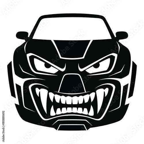 Illustration of a black car with an angry face isolated on white background, showcasing its aggressive design and menacing appearance in a vector format