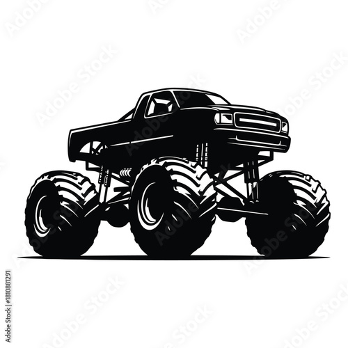 A bold black monster truck, isolated on white background, stands tall with massive tires, showcasing its powerful presence and rugged design for offroad adventures