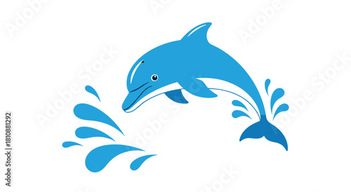 A bright blue dolphin leaps from splashing water in a playful, stylized illustration.