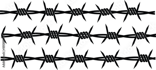 Barbed wire vector illustration with sharp twisted strands, security fencing pattern, containment barrier design, black silhouette drawing, protective wire structure, flavector