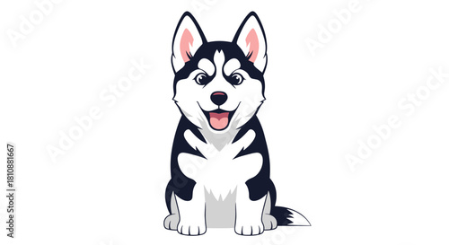 Cartoon illustration of a happy husky puppy sitting and looking forward with its mouth open.