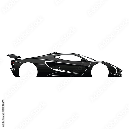Side view of a sleek black sports car with a modern design, isolated on white background the car features aerodynamic lines and a powerful stance, showcasing its highperformance capabilities