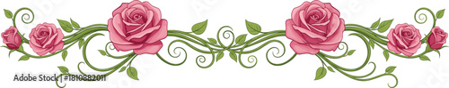 Elegant Pink Rose Floral Border with Leaves and Decorative Vines in Detailed Vector Style