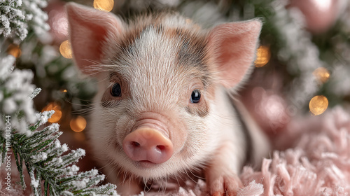 cute baby pig sitting with Christmas tree, cute holiday element, soft tones, isolated on white background 