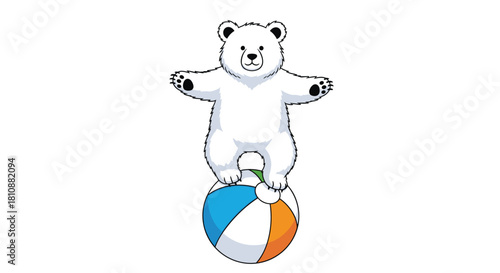 Cute cartoon polar bear balancing on a colorful beach ball.