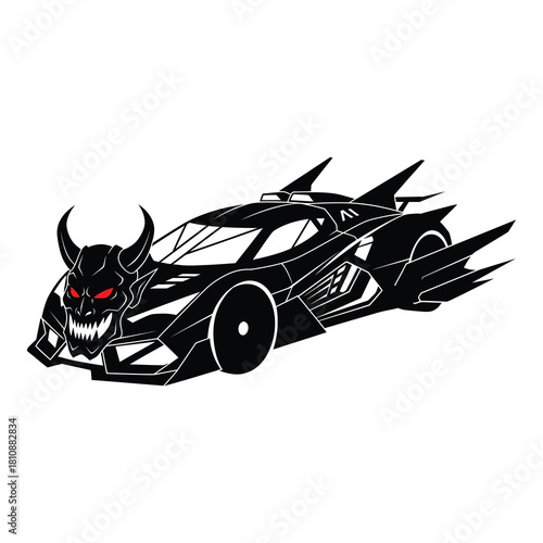 Aggressive black silhouette of a sports car with devilish features and sharp spikes isolated on white background