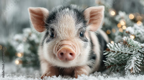 cute baby pig sitting with Christmas tree