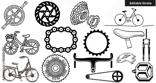 "Bicycle Parts & Accessories Line Art Set – Chain, Crankset & Bike Components Editable Stroke Clipart"