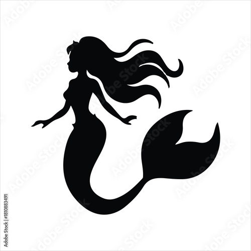 silhouette of a mermaid with long flowing hair and a curved tail against a white background